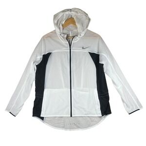 Nike Womens XL White Black Hooded Running Windbreaker Jacket Ripstop Full Zip
